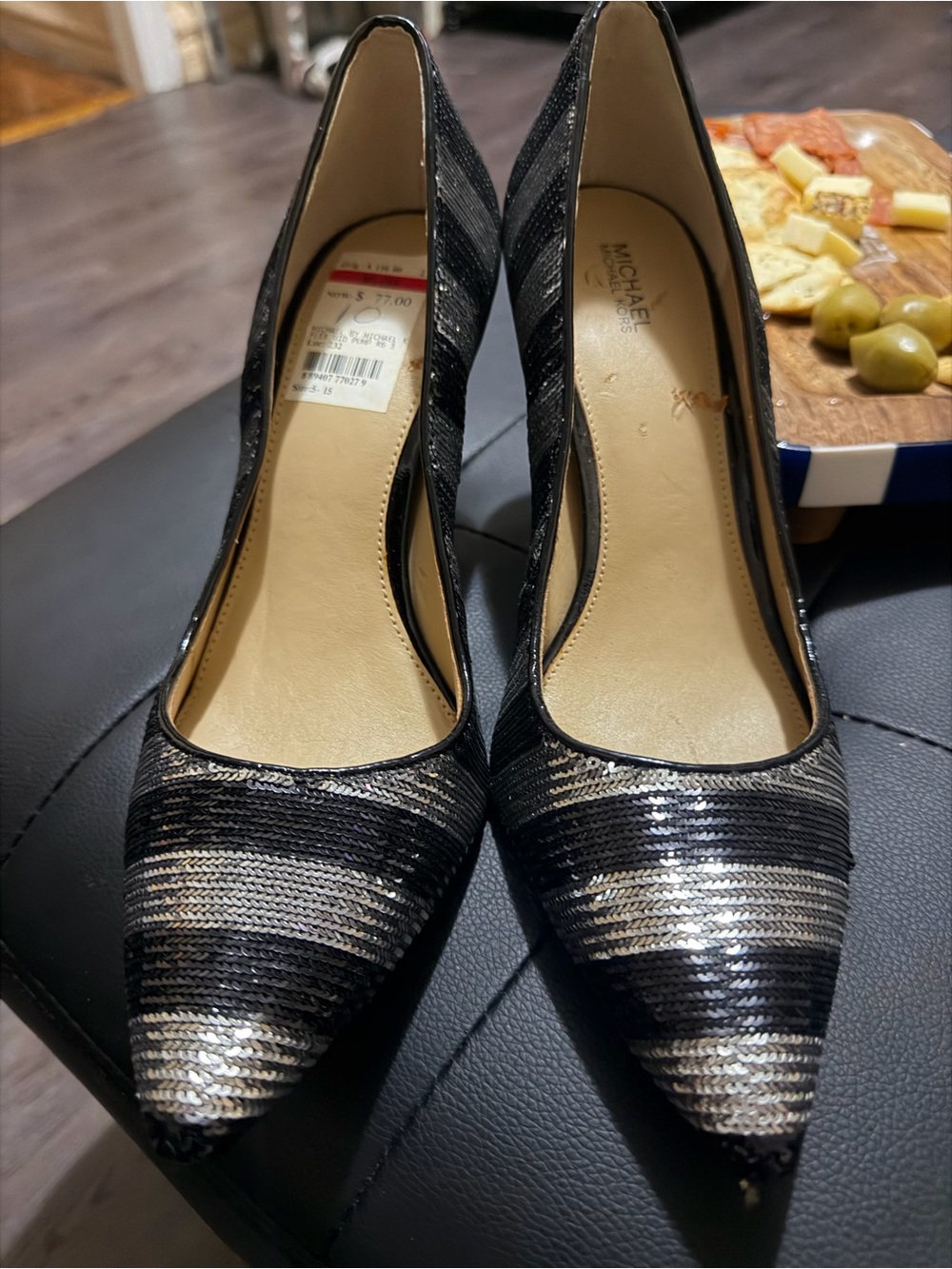 Michael Kors Black and Silver Striped Sequin Pointed Pumps